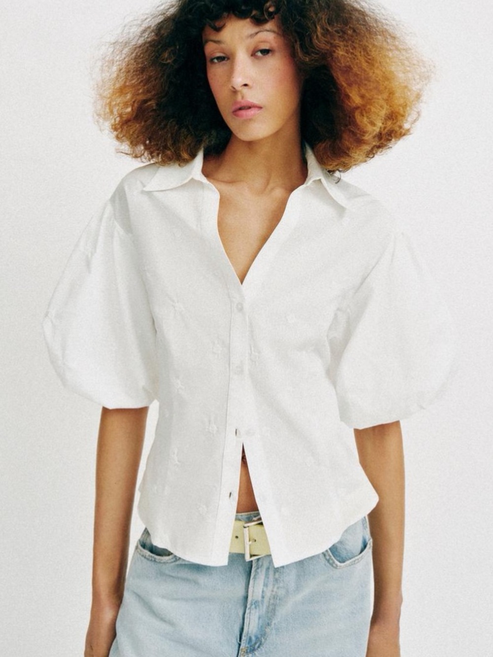 Classic White Puff-Sleeve Button-Down Top